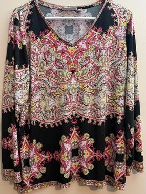 Susan Graver Black V-Neck Long Sleeve Paisley Top with Pink and Yellow Accents